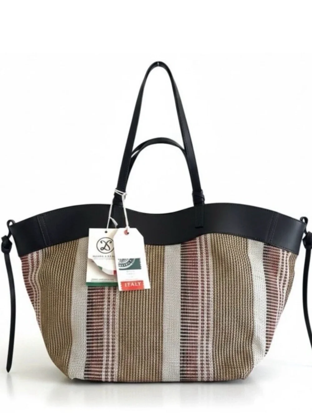 NWT Divina Firenze Italian Striped Woven / Leather Shopper Tote Bag